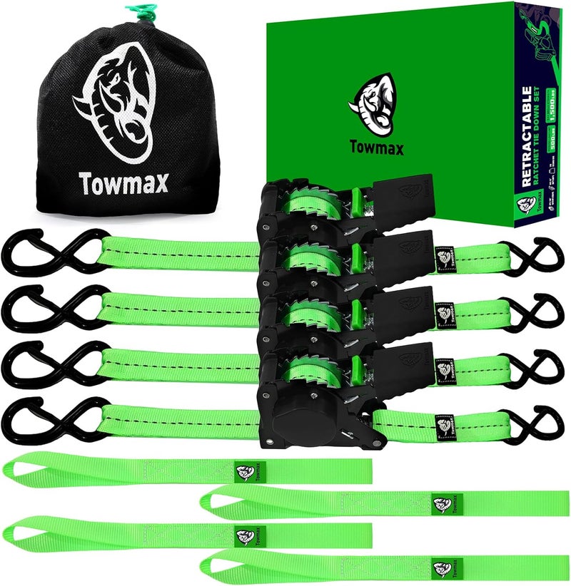 Tow-max Retractable Ratchet Straps(4 Pack) - 1in x 10ft Self Retracting Ratchet Straps with Soft Loops, 1,500 lbs Break Strength Retractable Tie Down Straps, Easy Retract for Motorcyle, Cargo, Truck, Trailer - Image 1